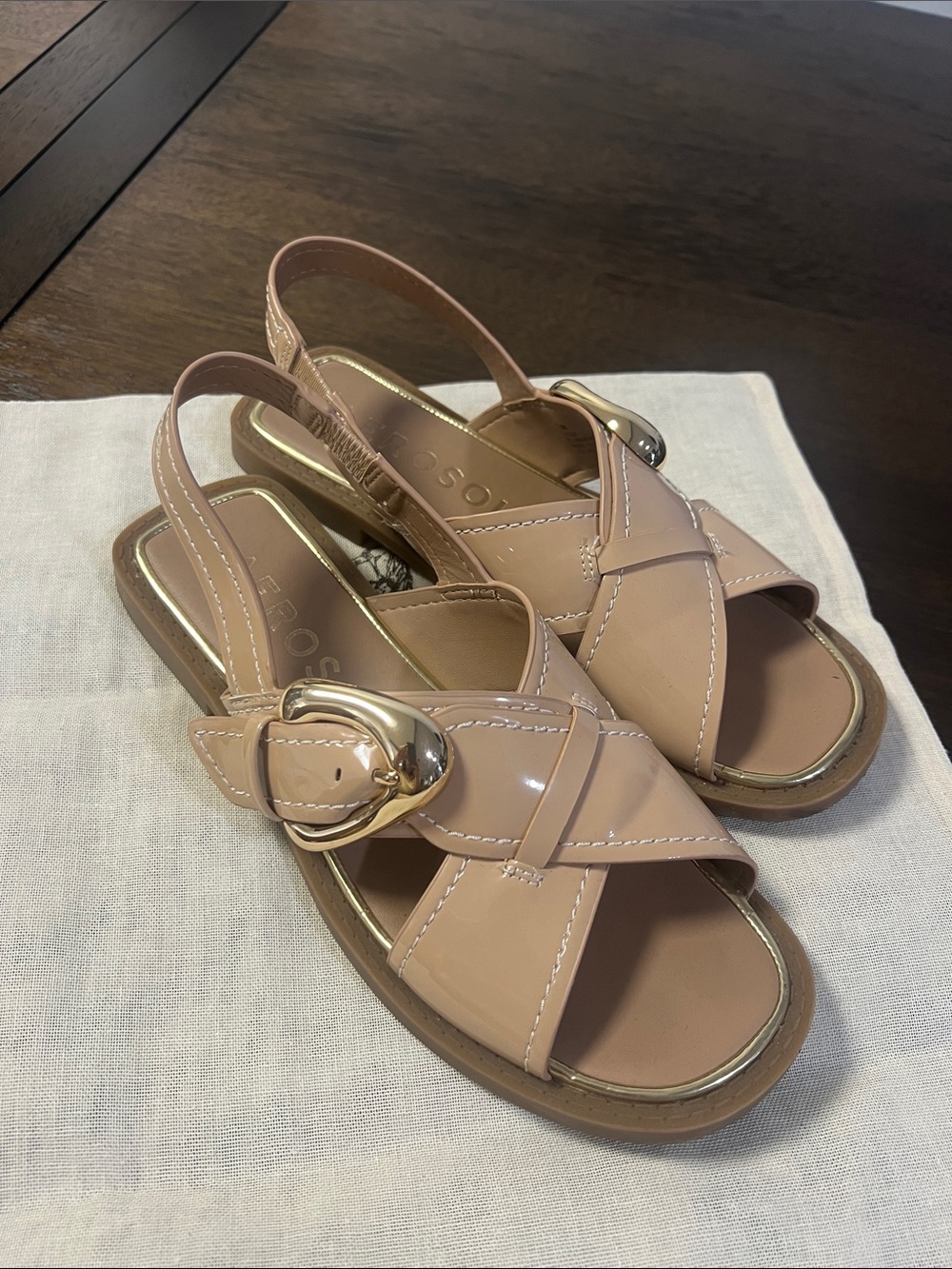 AEROSOLES Blush Patent Slingback Sandals with Gold Buckle